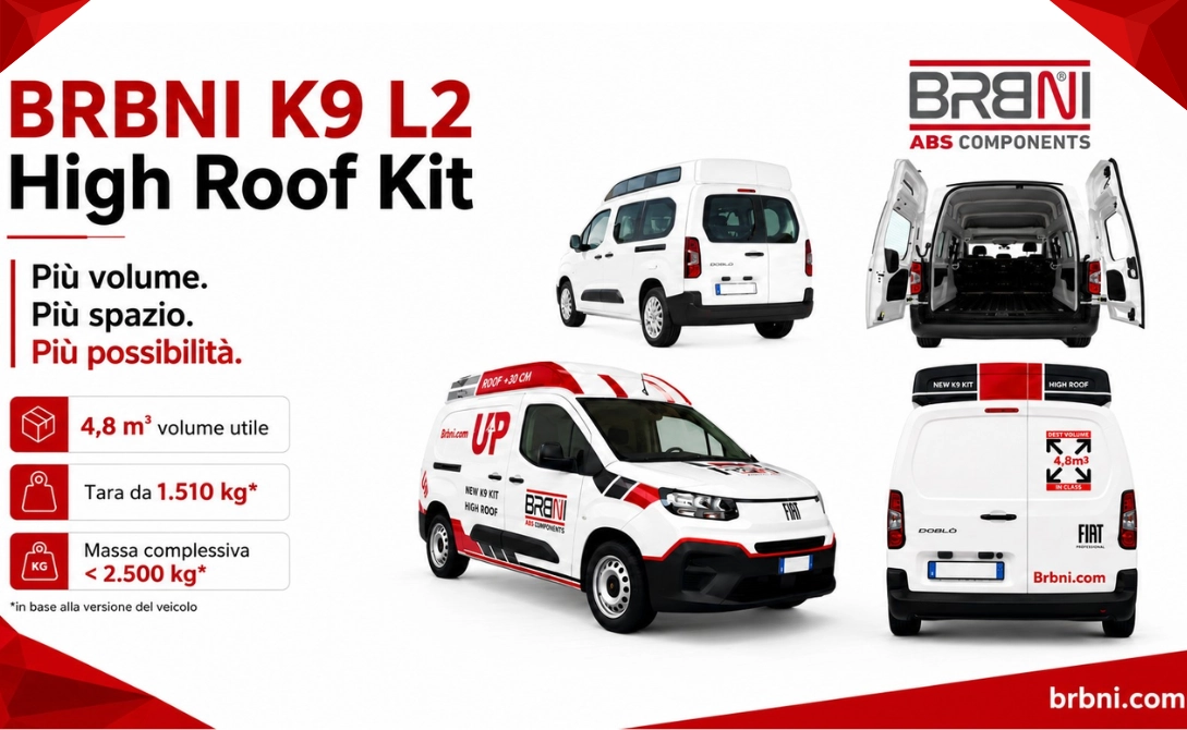 BRBNI K9 L2 High Roof Kit per Fiat Doblò, veicolo con tetto rialzato, volume utile 4,8 m³ e massa complessiva inferiore a 2.500 kg.