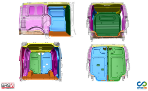 Render 3D componenti ABS per KIA PV5 Cargo con kit CoverABS e pannelli BRBNI per rivestimento vano di carico