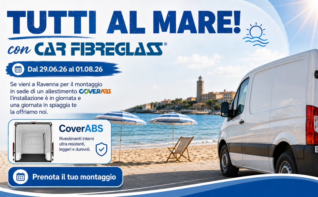 Promozione Tutti al Mare di Car Fibreglass per il montaggio in sede a Ravenna di allestimenti CoverABS con giornata in spiaggia offerta.