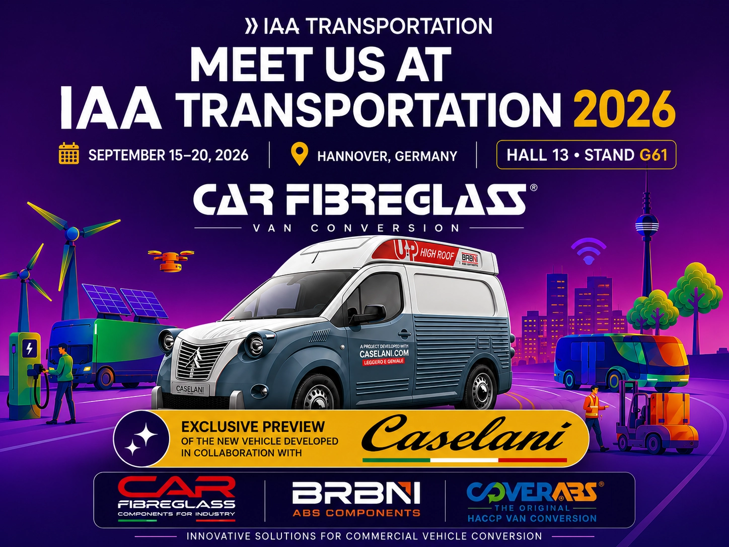 IAA Transportation 2026 cover featuring the Caselani commercial vehicle, Car Fibreglass, BRBNI and CoverABS logos, event dates and Stand G61.